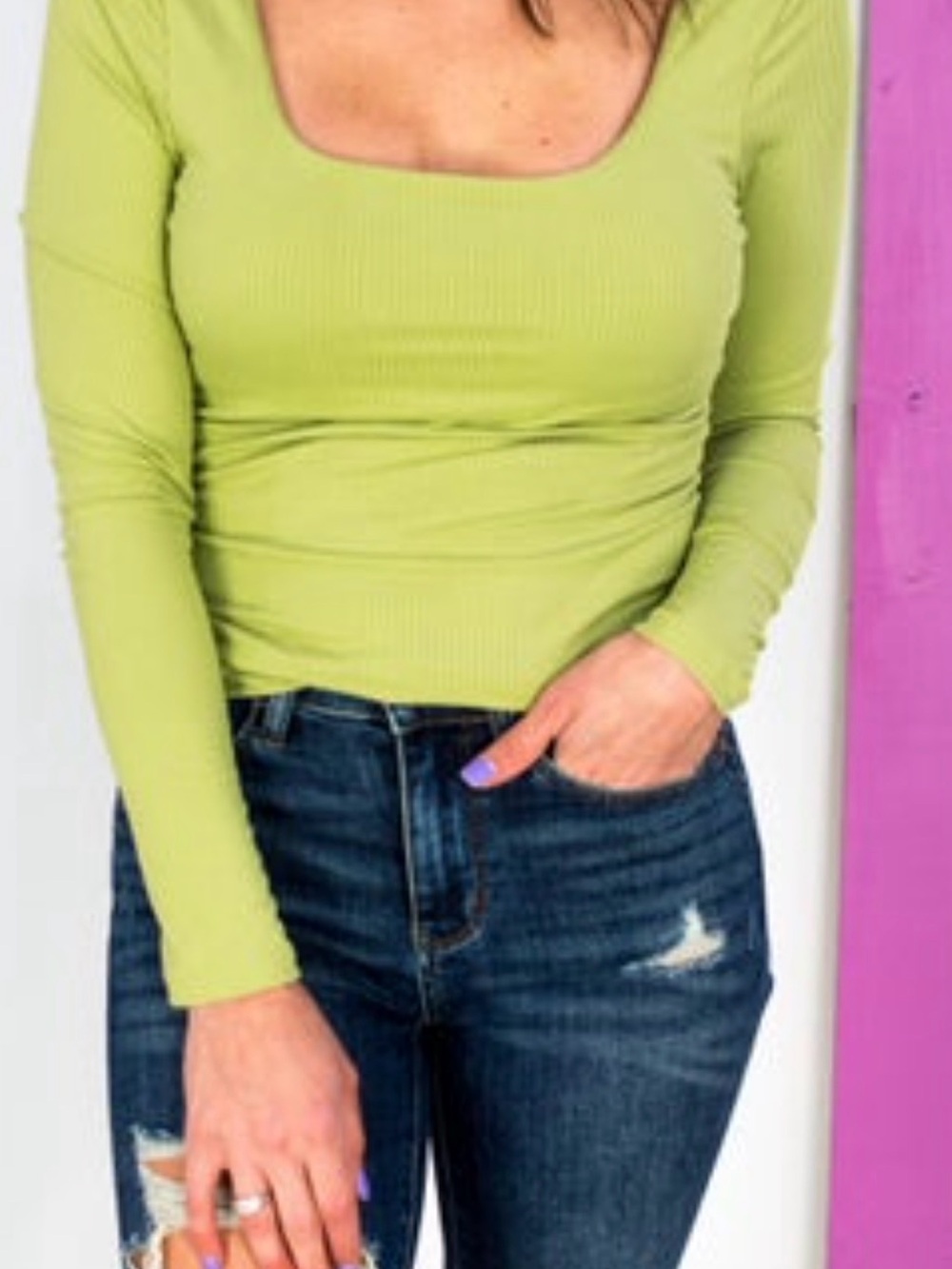 White birch Lime Green Ribbed Square-Neck Long Sleeve Top with shelf bra.